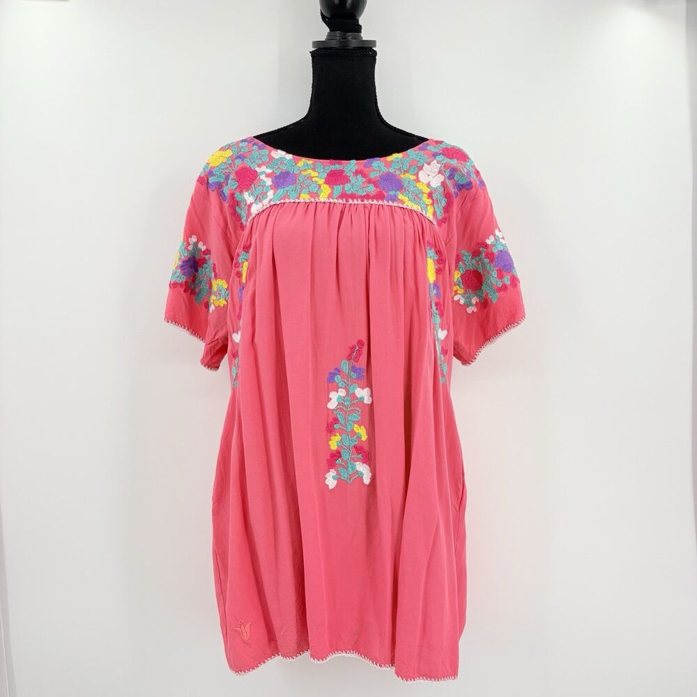 J Marie Addie Floral Embroidered Tunic Shirt Dress Medium Colorful Boho Hippie